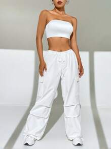 SHEIN EZwear Solid Tube Top & Flap Pocket Drawstring Waist Cargo Trousers - White - View 5