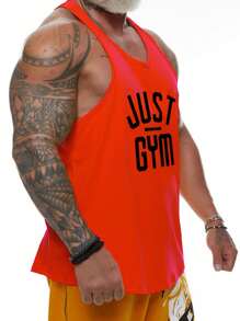 GymBeat 男士字母圖案工字運動背心 - 橘色 - 查看 1
