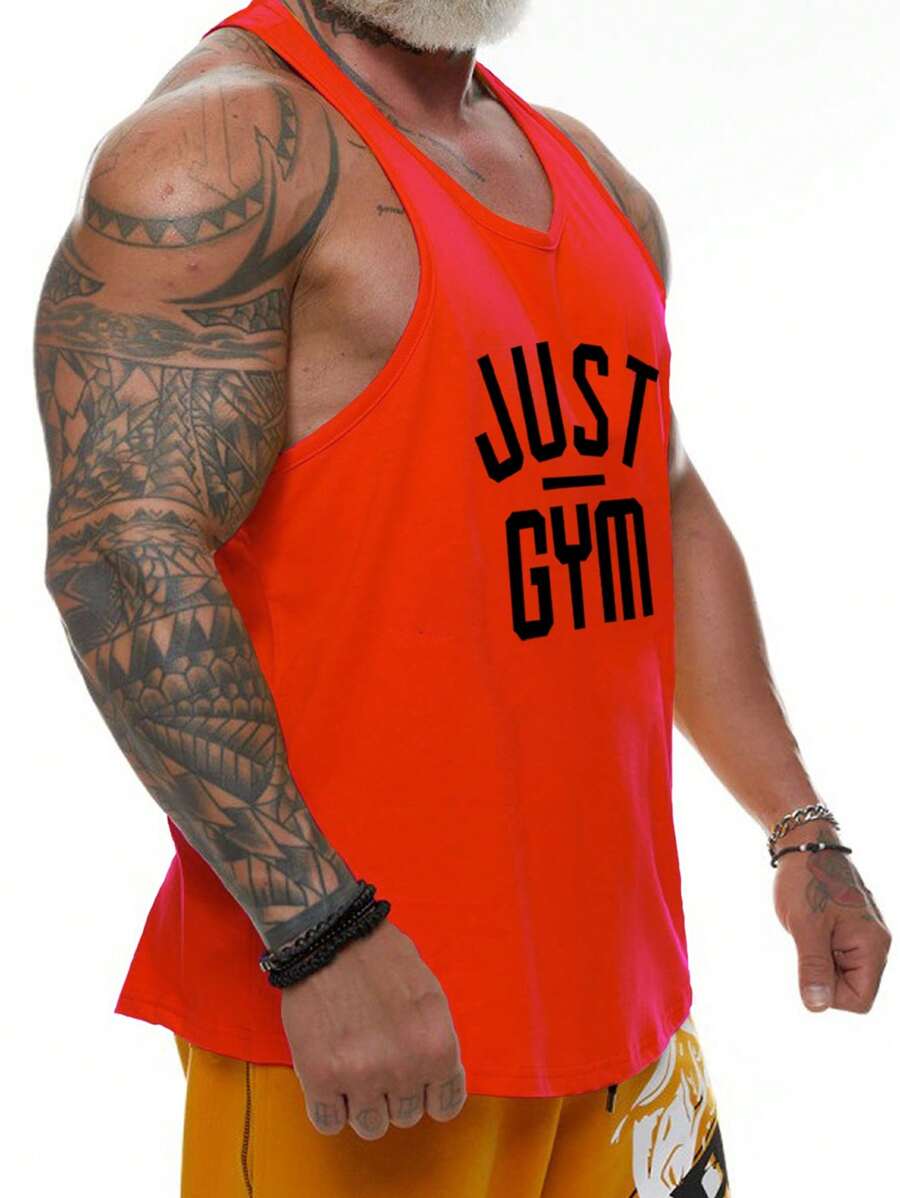 GymBeat 男士字母圖案工字運動背心 - 橘色 - 查看 1