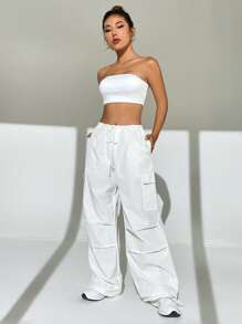 SHEIN EZwear Solid Tube Top & Flap Pocket Drawstring Waist Cargo Trousers - White - View 6