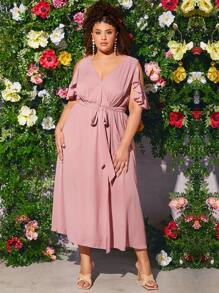 SHEIN CURVE+ Plus Solid Belted Wrap Dress - Dusty Pink - View 3