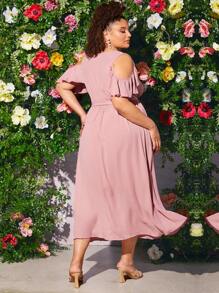 SHEIN CURVE+ Plus Solid Belted Wrap Dress - Dusty Pink - View 2