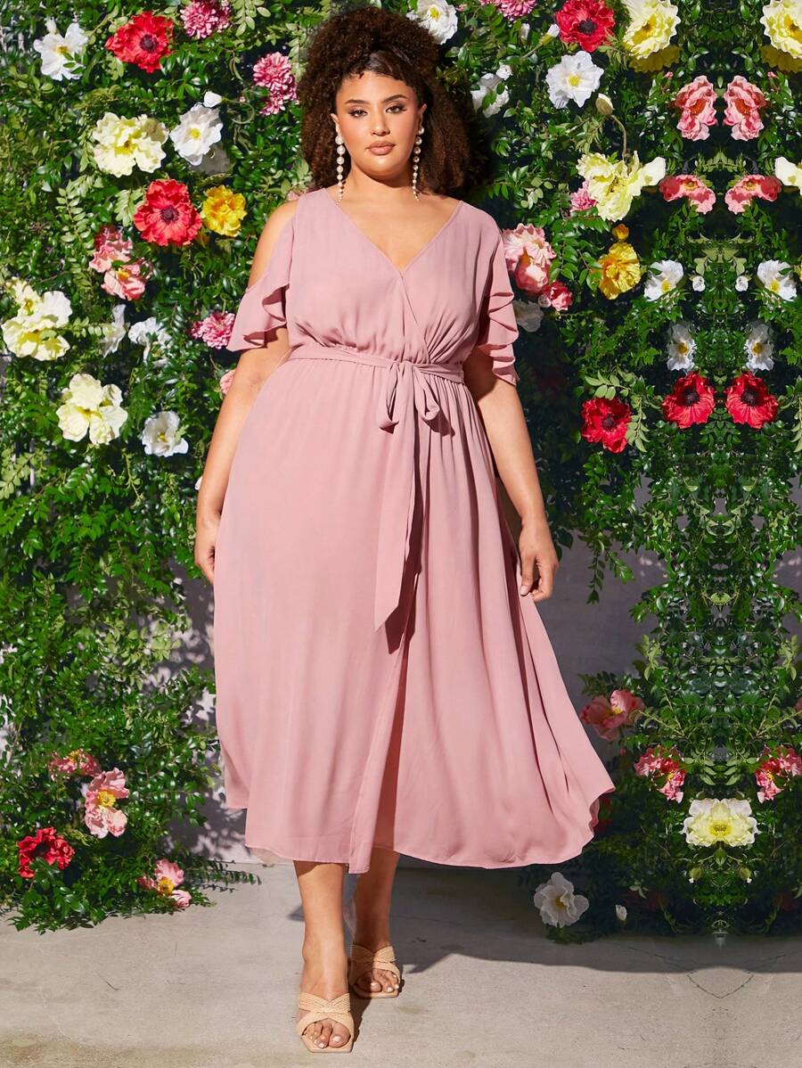 SHEIN CURVE+ Plus Solid Belted Wrap Dress - Dusty Pink - View 1