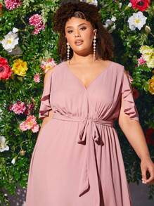 SHEIN CURVE+ Plus Solid Belted Wrap Dress - Dusty Pink - View 5