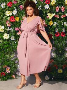 SHEIN CURVE+ Plus Solid Belted Wrap Dress - Dusty Pink - View 6