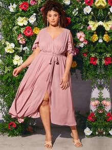 SHEIN CURVE+ Plus Solid Belted Wrap Dress - Dusty Pink - View 7