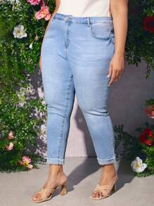 SHEIN CURVE+ Plus Light Wash Skinny Jeans - Light Wash - View 1