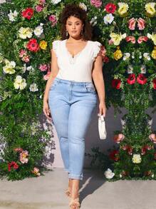 SHEIN CURVE+ Plus Light Wash Skinny Jeans - Light Wash - View 5