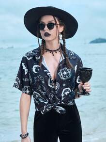 ROMWE Goth Camisa con estampado de sol y luna con botón delantero - Blanco y Negro - Ver 1