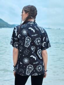 ROMWE Goth Camisa con estampado de sol y luna con botón delantero - Blanco y Negro - Ver 2