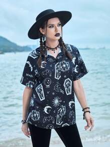 ROMWE Goth Camisa con estampado de sol y luna con botón delantero - Blanco y Negro - Ver 3