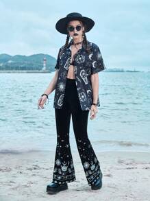 ROMWE Goth Camisa con estampado de sol y luna con botón delantero - Blanco y Negro - Ver 4