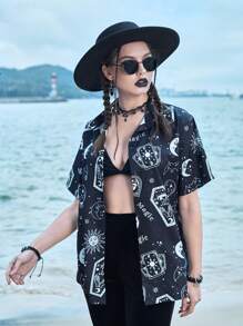ROMWE Goth Camisa con estampado de sol y luna con botón delantero - Blanco y Negro - Ver 5