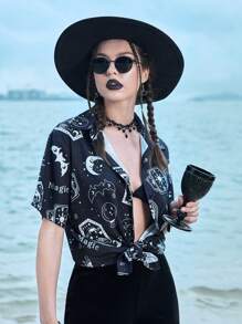 ROMWE Goth Camisa con estampado de sol y luna con botón delantero - Blanco y Negro - Ver 6