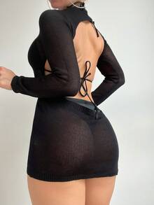 Áo che Nữ Lộ Lưng Cắt ra Nhẫn màu trơn - màu đen - Xem 2