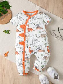 Baby Dinosaur Print Contrast Binding Jumpsuit - White - View 1