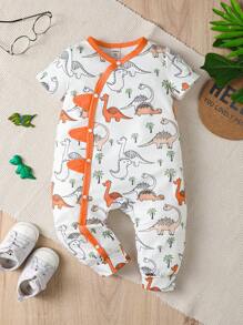 Baby Dinosaur Print Contrast Binding Jumpsuit - White - View 3