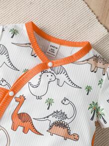 Baby Dinosaur Print Contrast Binding Jumpsuit - White - View 4