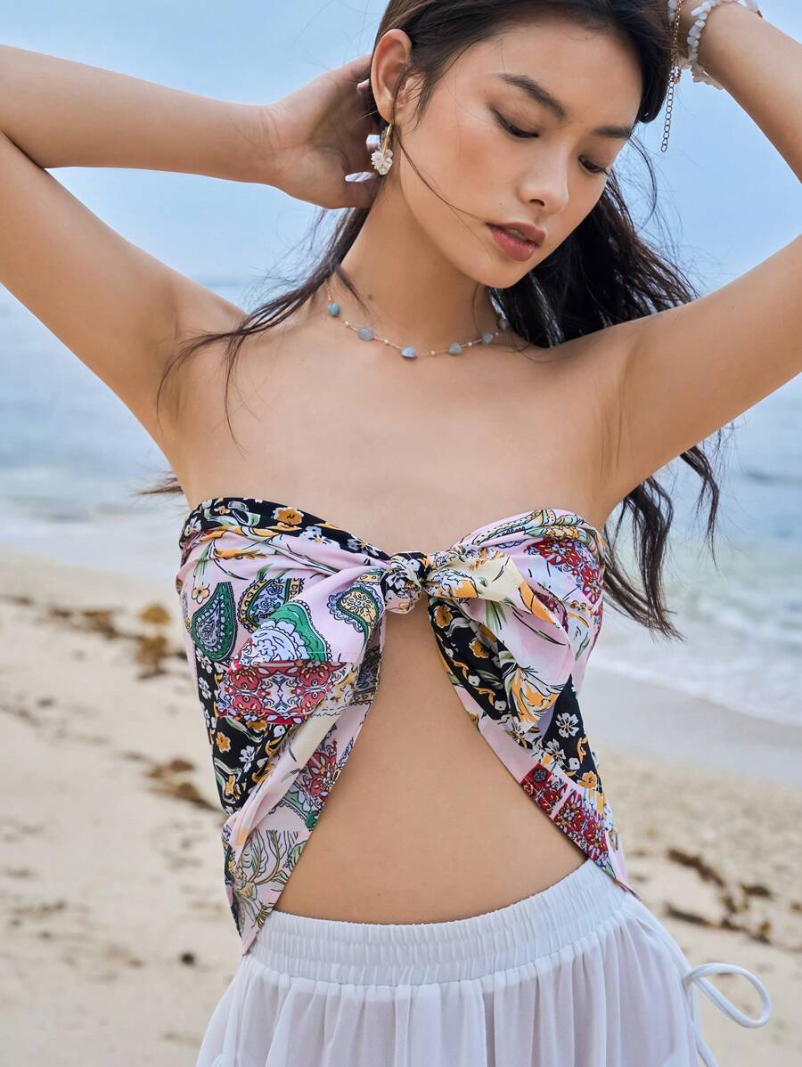 DAZY Áo crop top in họa tiết hoa và paisley buộc phía trước dành cho nữ - Nhiều màu - Xem 1