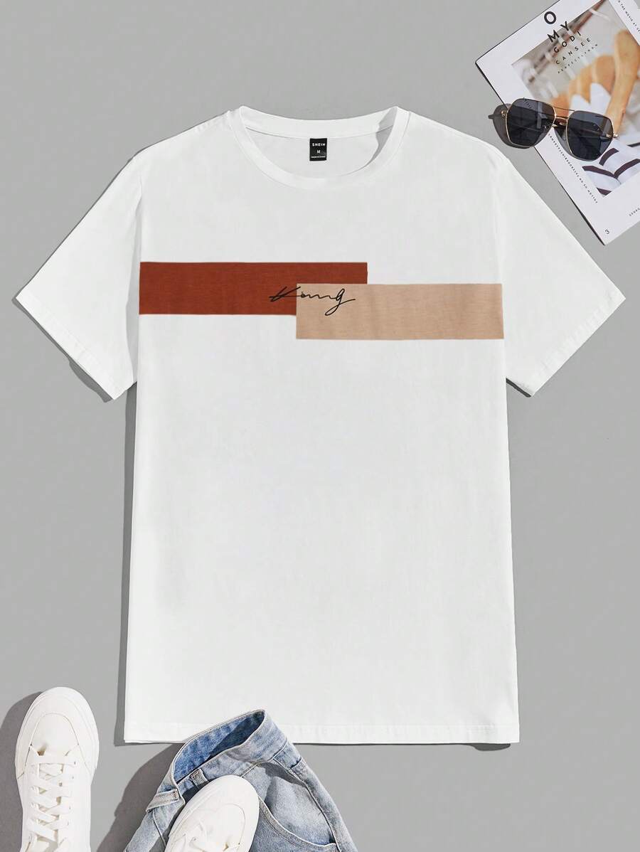 Manfinity ModaGents Men T-Shirts Fit Crew Neck Short Sleeve Graphic Tee Colorblock Casual Dad Summer Cotton