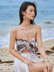 DAZY Áo crop top in họa tiết hoa và paisley buộc phía trước dành cho nữ - Nhiều màu - Xem 7