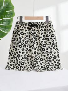 SHEIN 男孩豹紋印花腰部抽繩短褲 - 米色 - 查看 2