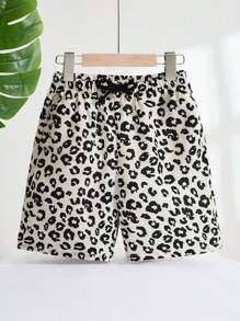 SHEIN 男孩豹紋印花腰部抽繩短褲 - 米色 - 查看 1