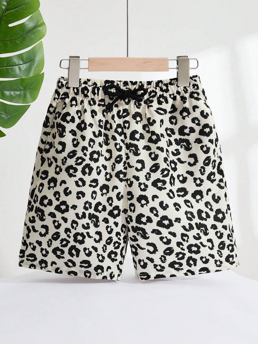 SHEIN 男孩豹紋印花腰部抽繩短褲 - 米色 - 查看 1