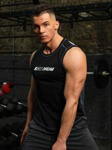 Men Letter Graphic Top-stitching Sports Tank Top - Black - View 2