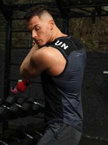 Men Letter Graphic Top-stitching Sports Tank Top - Black - View 7