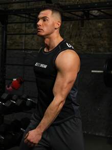 Men Letter Graphic Top-stitching Sports Tank Top - Black - View 3