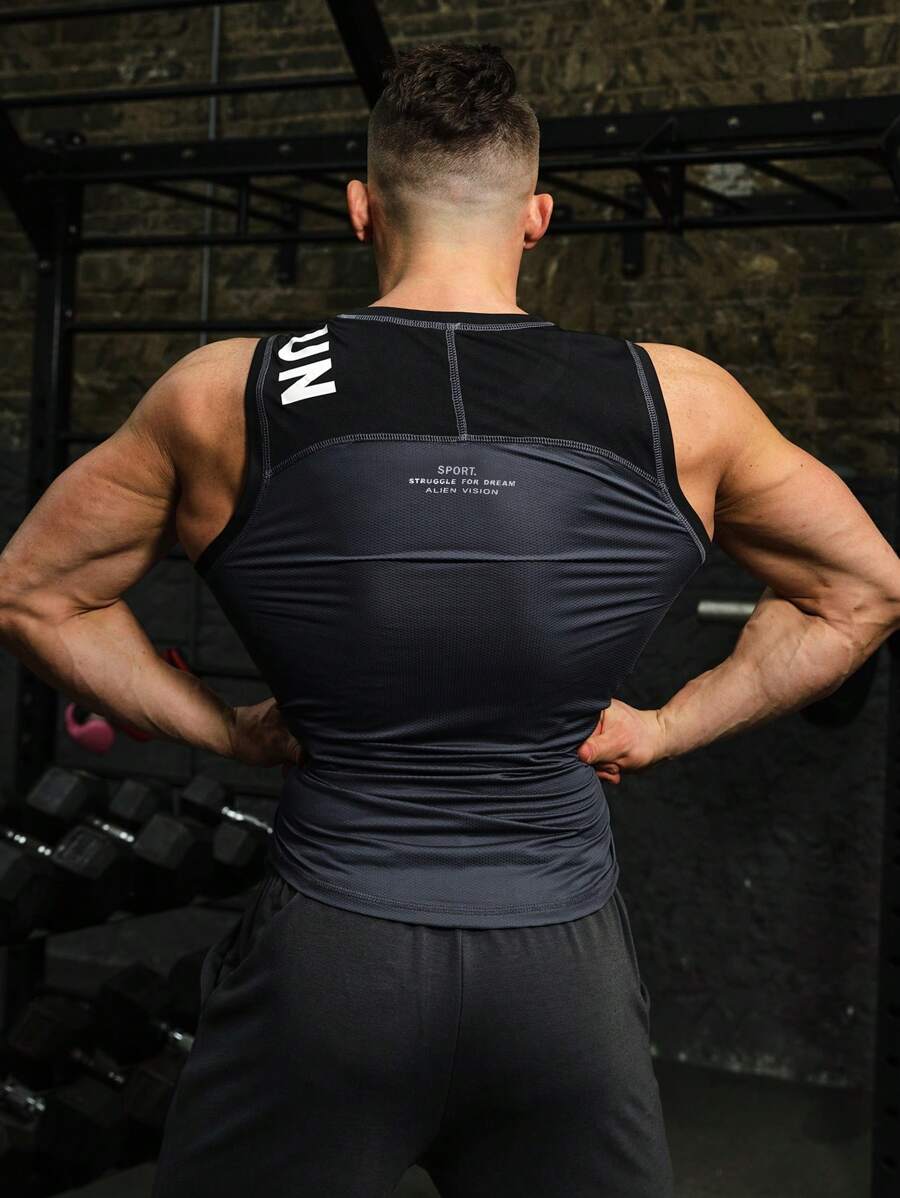 Men Letter Graphic Top-stitching Sports Tank Top - Black - View 1