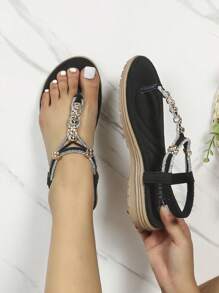 Women Comfortable Rhinestone Decor Sandals, Fashionable Summer Thong Wedge Sandals - Black - View 2