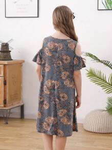 Girls Floral Print Cold Shoulder Dress - Grey - View 2