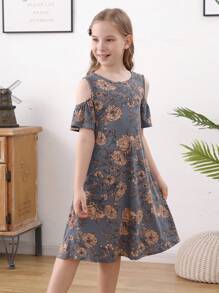 Girls Floral Print Cold Shoulder Dress - Grey - View 3