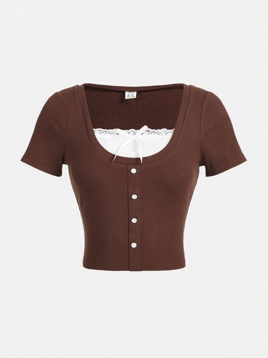 SHEIN Teen Girl Màu sắc ngọt ngào dễ thương Áo thun ngắn tay 2 trong 1 có nơ to và cổ chữ U, mùa hè - Cà phê nâu - Xem 1