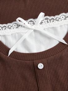 SHEIN Teen Girl Màu sắc ngọt ngào dễ thương Áo thun ngắn tay 2 trong 1 có nơ to và cổ chữ U, mùa hè - Cà phê nâu - Xem 3