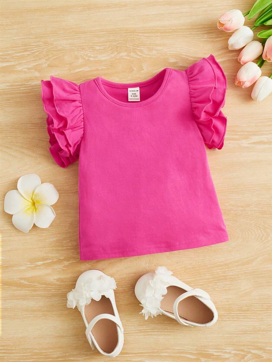 SHEIN Baby Girl Ruffle Trim Tee - Hot Pink - View 1