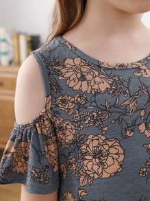 Girls Floral Print Cold Shoulder Dress - Grey - View 5