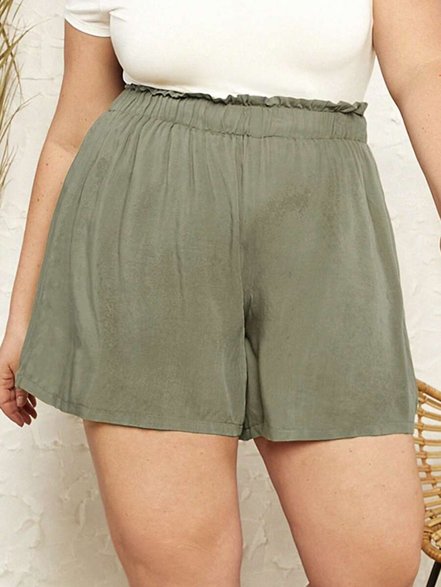 SHEIN LUNE Plus Solid Frill Trim Shorts - Army Green - View 1