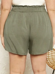 SHEIN LUNE Plus Solid Frill Trim Shorts - Army Green - View 2