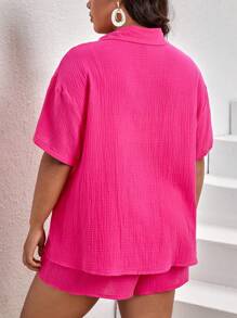 SHEIN VCAY de hombros caídos Camisa & Shorts - Rosa Fucsia - Ver 2