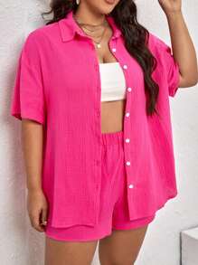 SHEIN VCAY de hombros caídos Camisa & Shorts - Rosa Fucsia - Ver 4