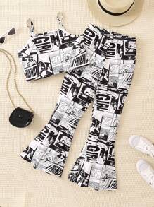 SHEIN 少女黑白Pop-Art圖案休閒甜美酷炫細肩帶短上衣和喇叭褲，夏季休閒套裝 - 黑與白 - 查看 6