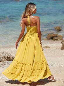 Breezaya Vestido de tirantes unicolor con diseño fruncido bajo con fruncido