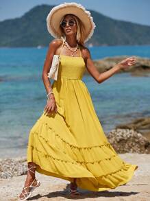 Breezaya Vestido de tirantes unicolor con diseño fruncido bajo con fruncido