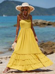 Breezaya Vestido de tirantes unicolor con diseño fruncido bajo con fruncido