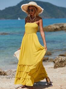 Breezaya Vestido de tirantes unicolor con diseño fruncido bajo con fruncido