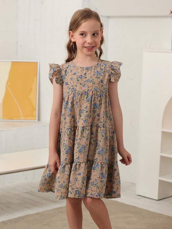 Robe ample à volants et plissée avec imprimé floral pour les pré-adolescentes, convient pour le printemps/été, la plage, les vacances, les représentations et les fêtes