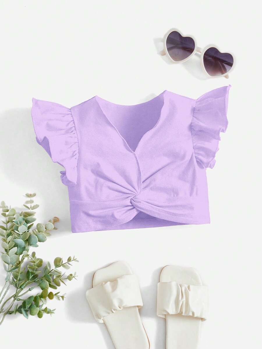 SHEIN 嬰兒荷葉邊前扭結蝴蝶袖短款上衣 - 紫丁香色 - 查看 1
